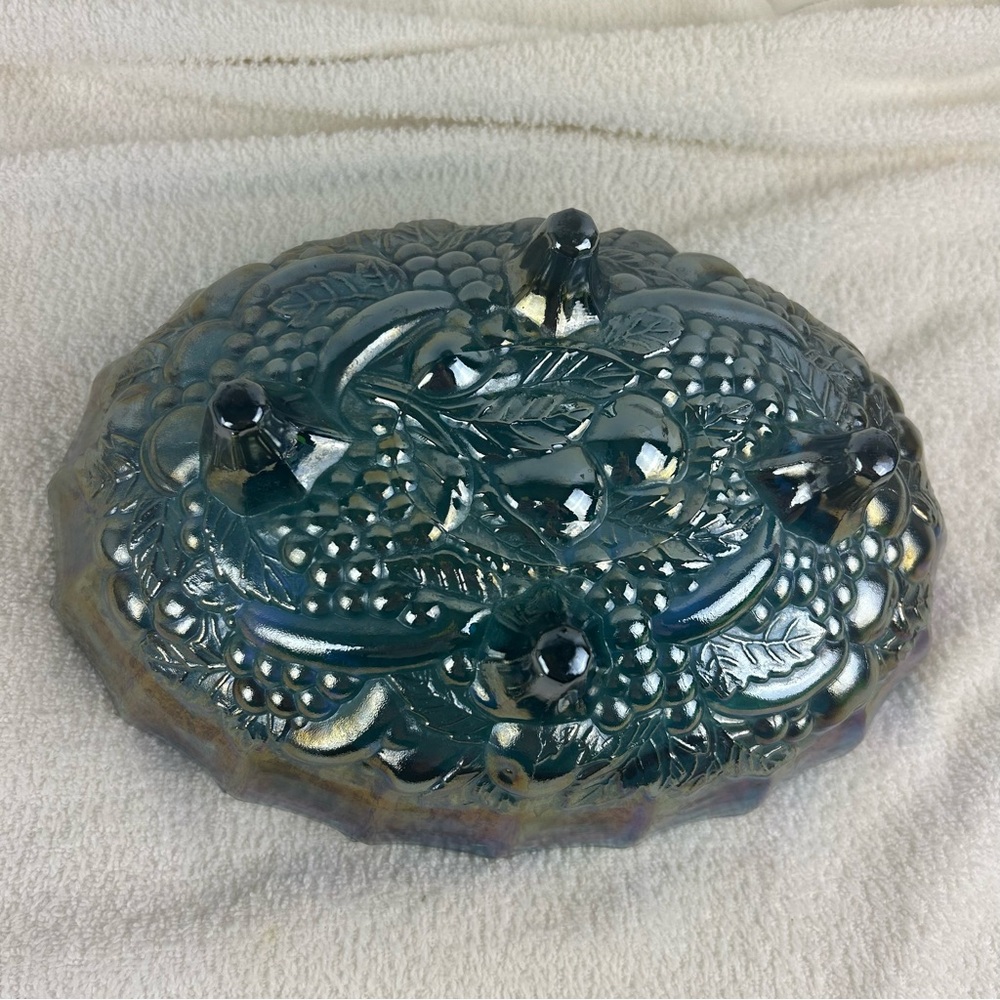 VTG Indiana Blue Iridescent Carnival Glass Grape Centerpiece Console Fruit Bowl - Picture 6 of 11